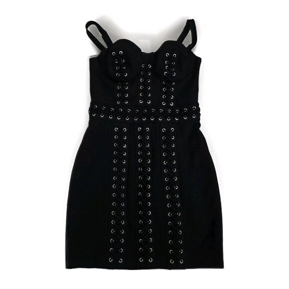 Bebe x Naven Corset Lace Up Dress 4 Black Mini Lined Straps Y2K Grunge Punk Goth - Picture 8 of 16